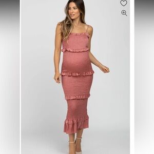 MABLE• MAUVE smocked ruffle MIDI dress, satin